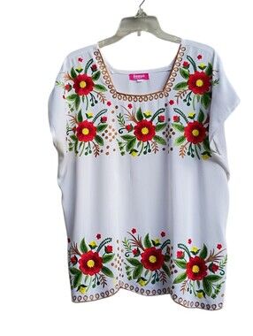 Embroidered White Floral Mexican Top sz EEG XXL